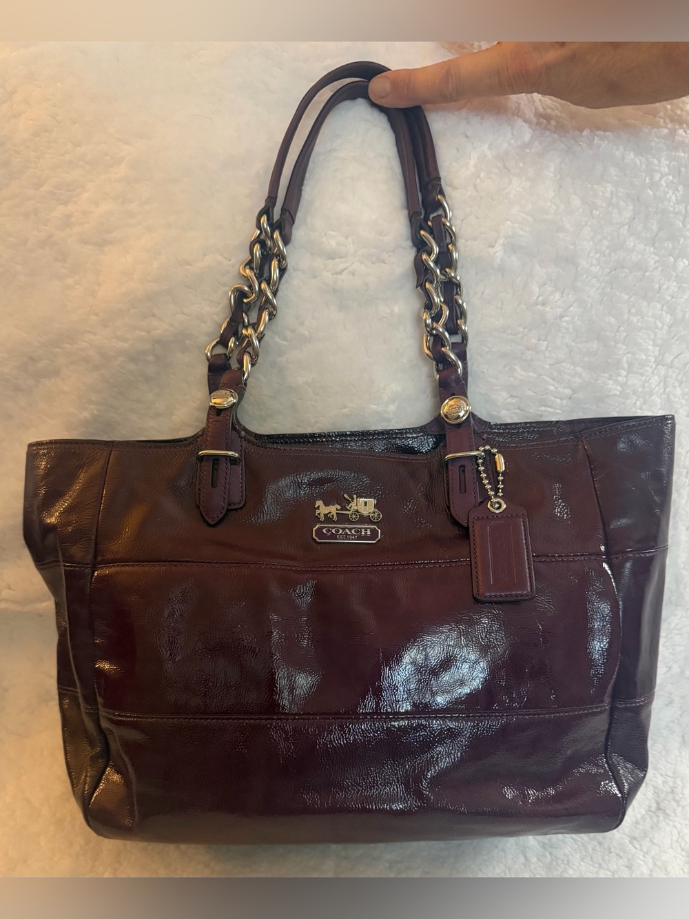 Coach Patent Leather Tote in Deep Burgundy with Silver Chain Straps/ Dust Bag